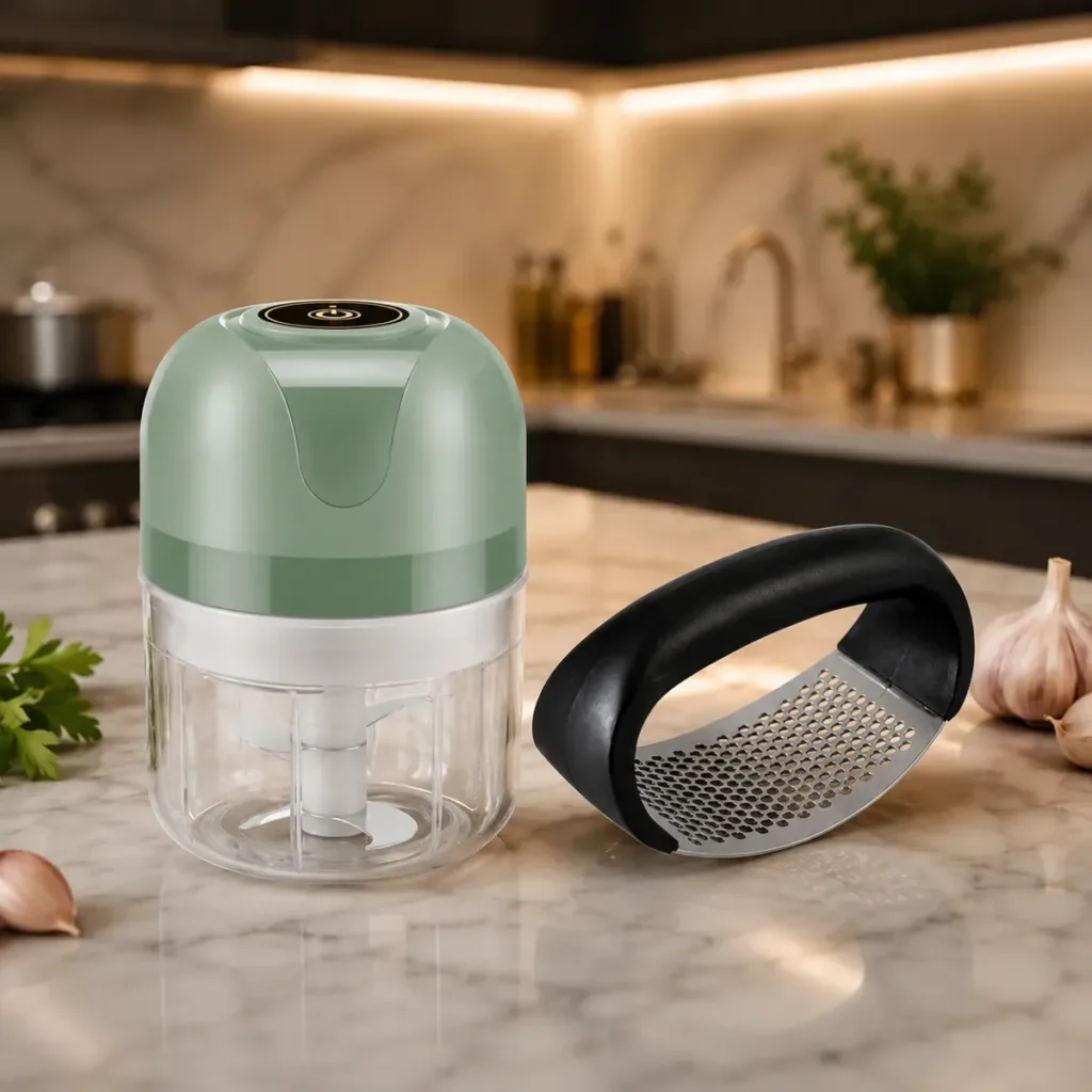 Mini processador eletrico usb triturando alho e temperos