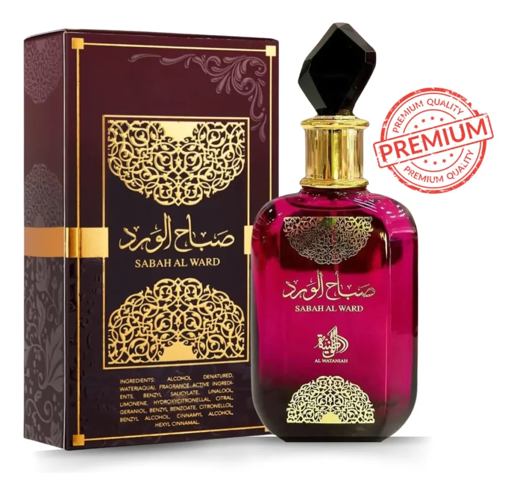 Frasco do perfume árabe feminino Sabah Al Ward original com tampa de cristal preto e detalhes dourados.