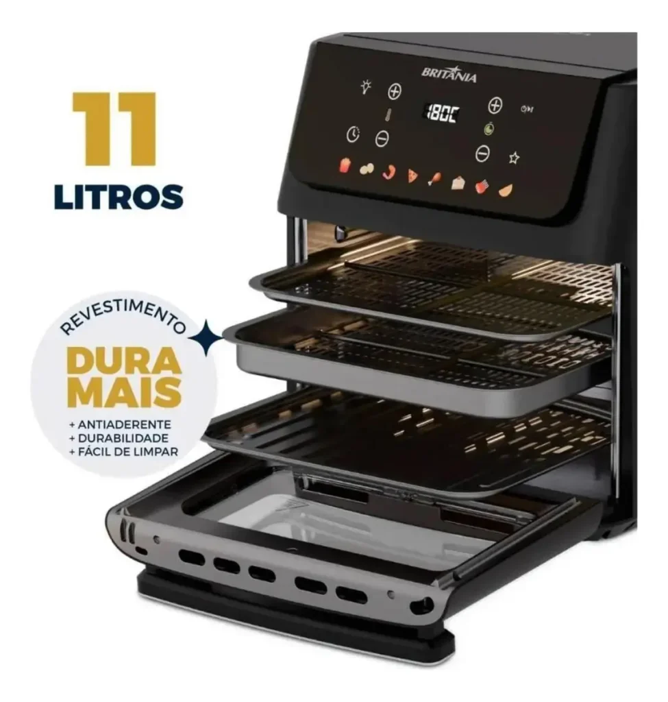 Air Fryer Oven Britânia 11 Litros aberta mostrando as 3 prateleiras antiaderentes